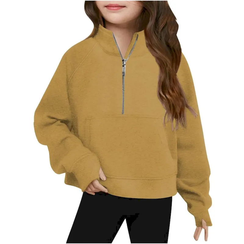 Wholesale Kids Girls' Fashion Casual Autumn Solid Color Half-Zipper Long-Sleeve Loose Sweatshirt - Image 16