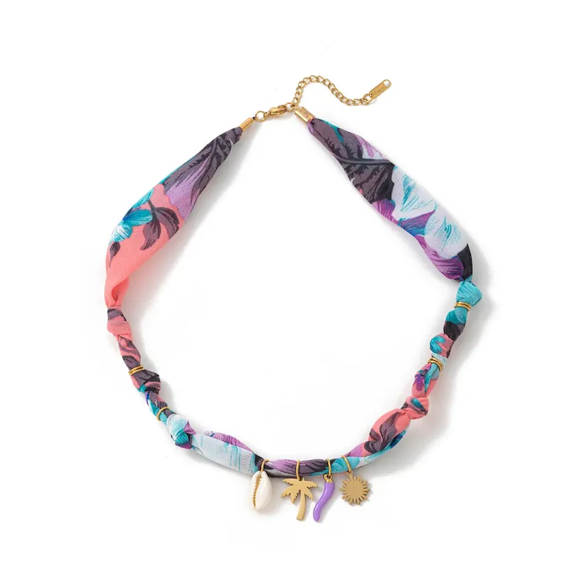 Wholesale Beach Series Necklace Marine Life Multicolor Floral Shell Pendant Silk Scarf Cloth Strip Necklace - Image 11