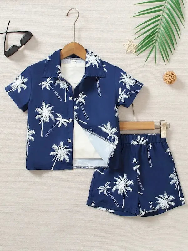 Wholesale Boys' Fashion Heart Print Short Sleeve Shirt And Shorts Two-Piece Set - Image 14