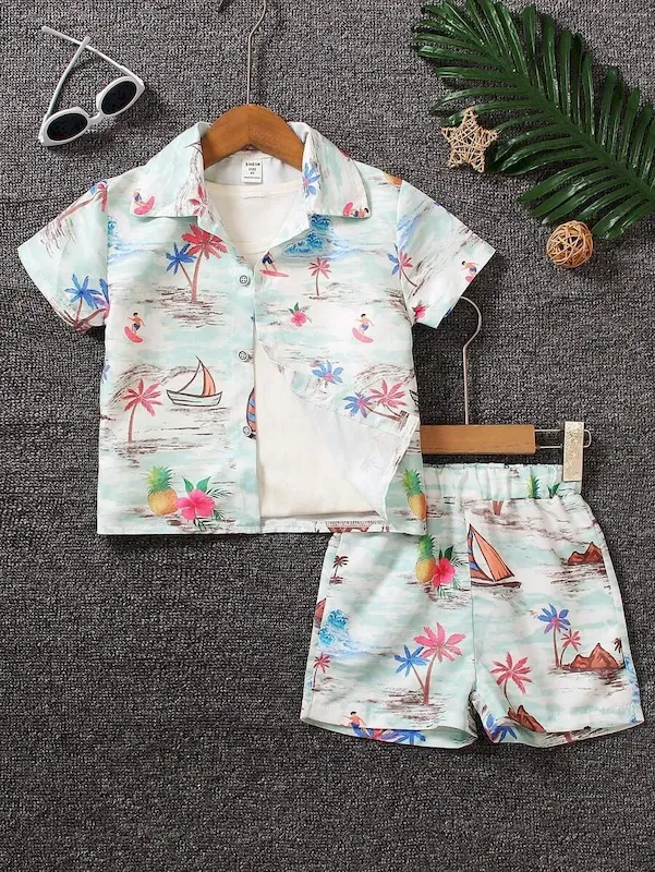 Wholesale Boys' Fashion Heart Print Short Sleeve Shirt And Shorts Two-Piece Set - Image 16