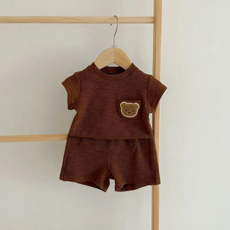 Wholesale Kids Baby Boys Girls Casual Cute Cartoon Bear Stripe Short Sleeve Top Shorts Sets - Image 7