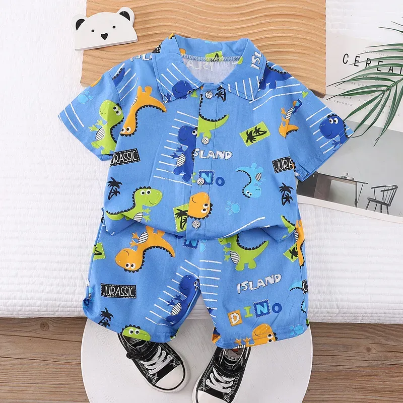 Wholesale Kids Baby Boys Casual Cute Cartoon Print Short Sleeve Lapel Shirt Shorts Sets - Image 6