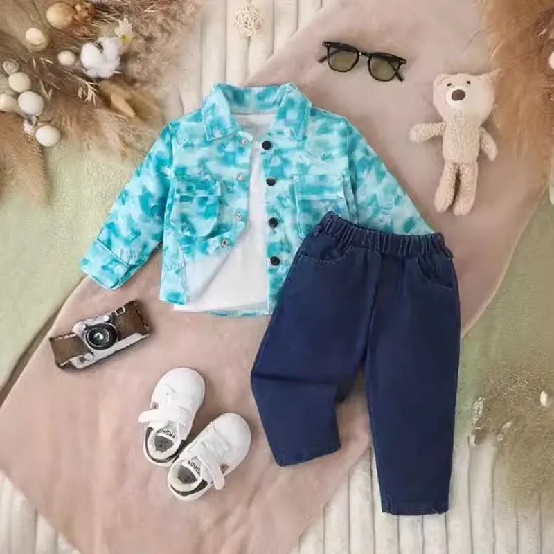 Wholesale Kids Baby Boys Fashion Casual Tie-Dye Long Sleeve Lapel Shacket Trousers Sets