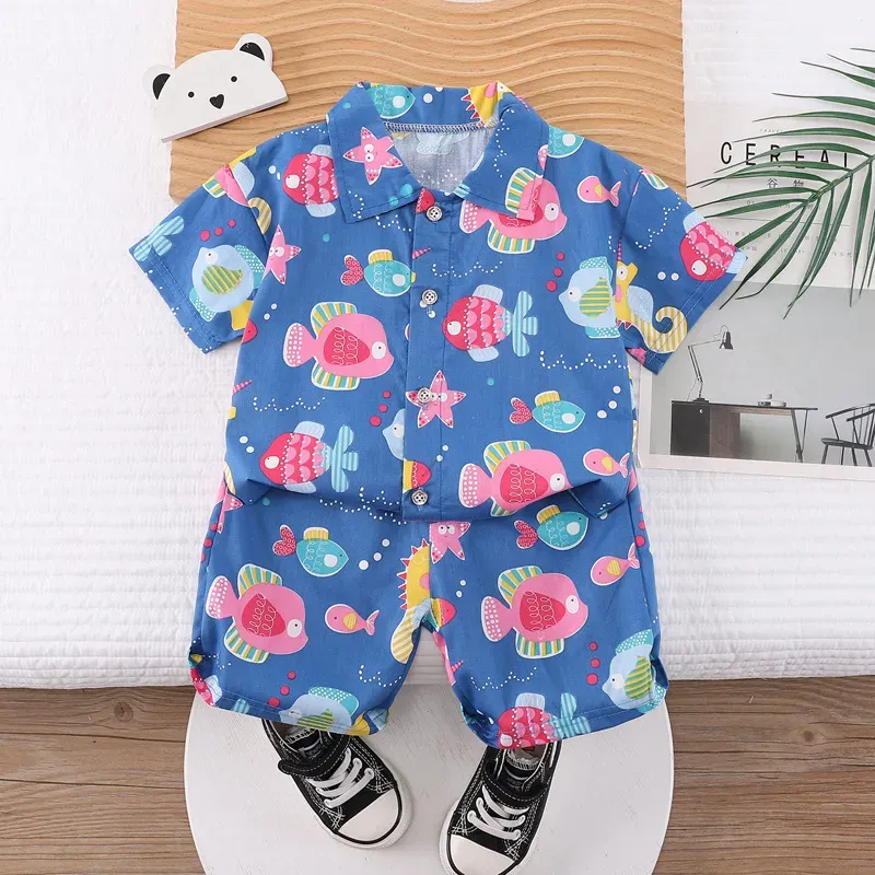 Wholesale Kids Baby Boys Casual Cute Cartoon Print Short Sleeve Lapel Shirt Shorts Sets - Image 33