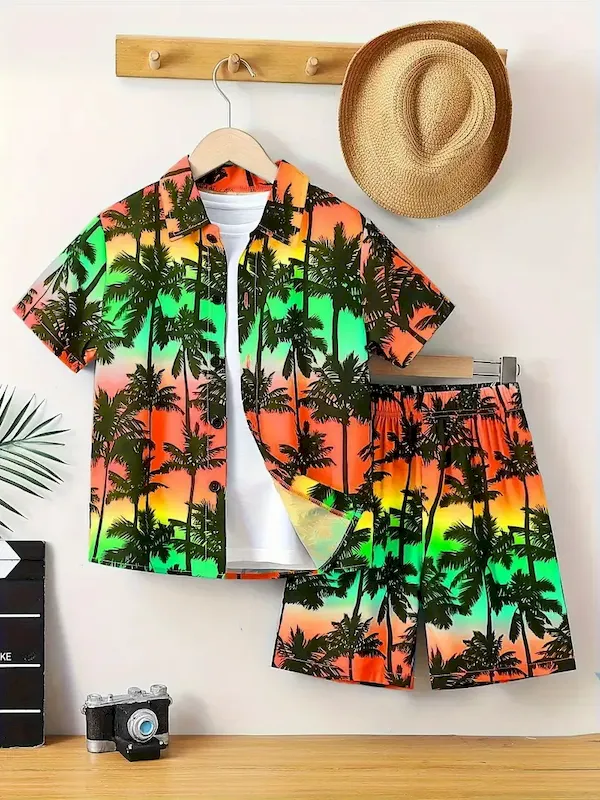 Wholesale Boys Fashion Casual Vacation Printed Short-Sleeve Blouse Loose Shorts Two-Piece Set - Image 25