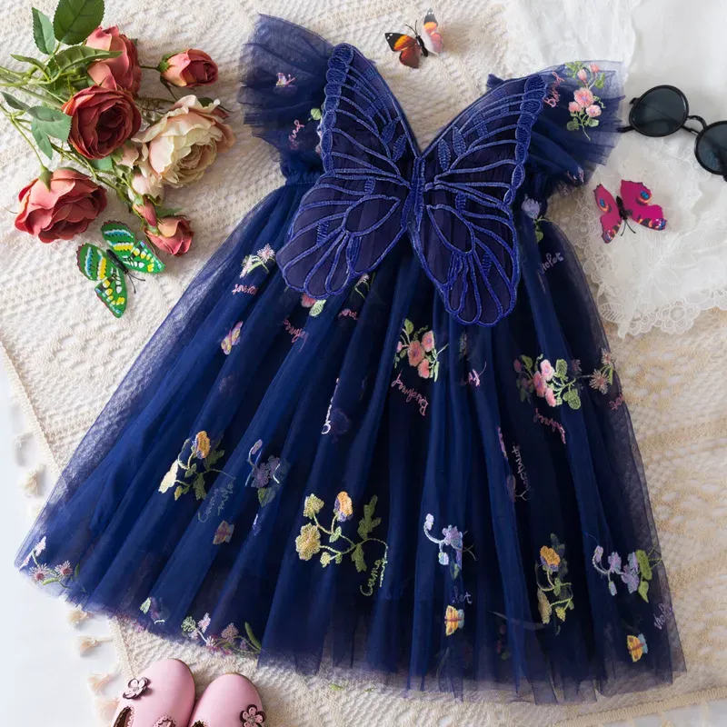Wholesale Kids Girls Fashion Elegant Floral Embroidered Butterfly Mesh Flying Sleeve Dress - Image 4