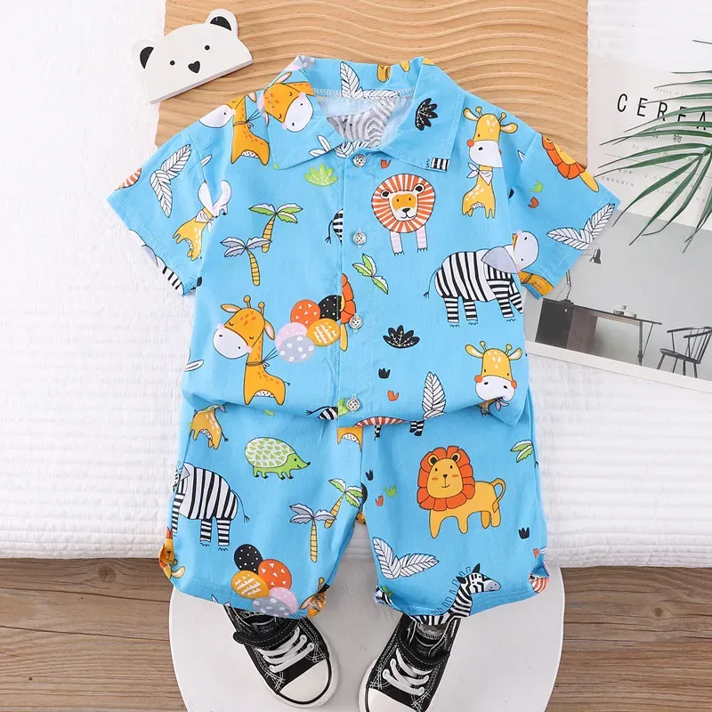 Wholesale Kids Baby Boys Casual Cute Cartoon Print Short Sleeve Lapel Shirt Shorts Sets - Image 25