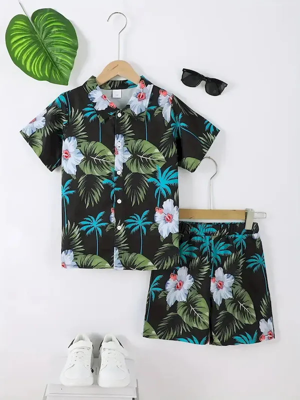 Wholesale Boys Fashion Casual Vacation Printed Short-Sleeve Blouse Loose Shorts Two-Piece Set - Image 10