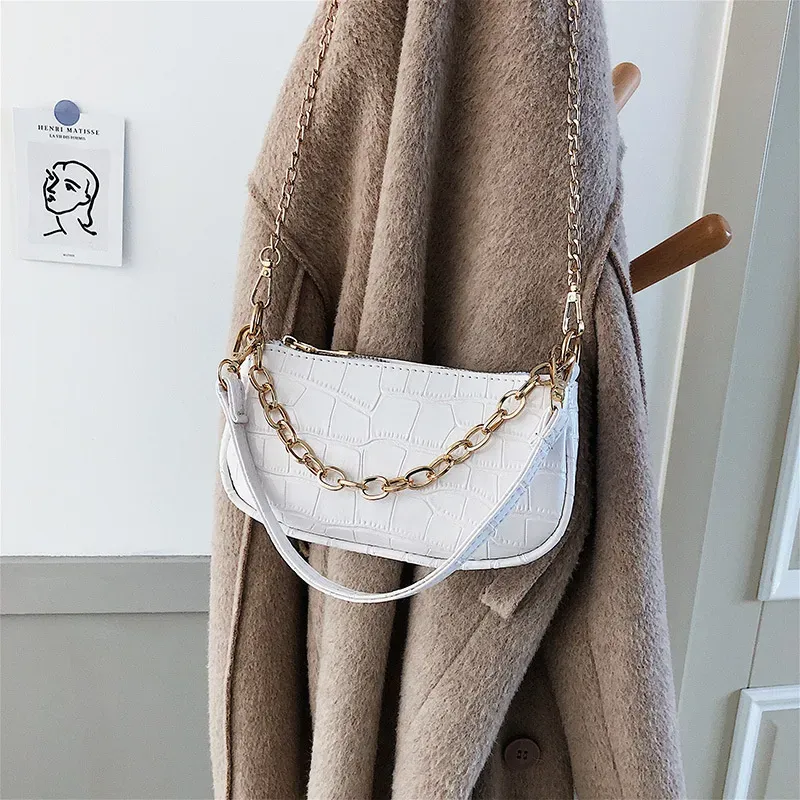 Women Fashion Solid Color Crocodile Pattern Metal Chain Shoulder Bag