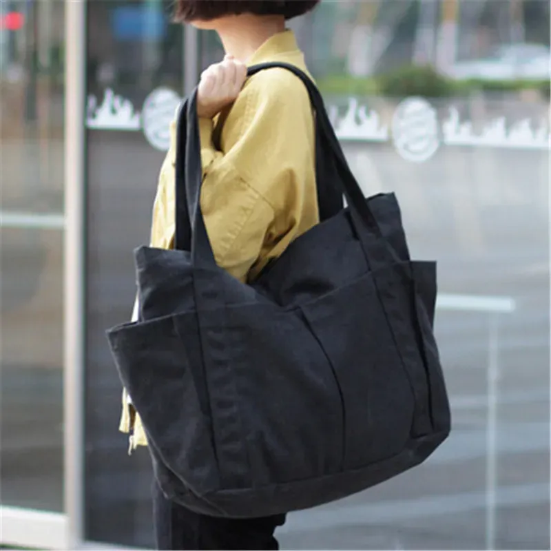 Women Solid Color Large Capacity Pocket Canvas Tote Bag