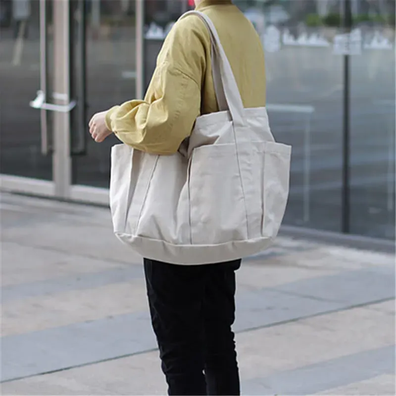 Women Solid Color Large Capacity Pocket Canvas Tote Bag - Image 12