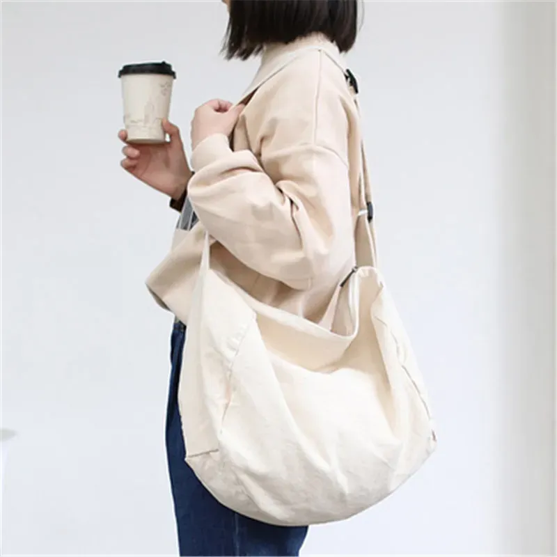Women Fashion Solid Color Zipper Canvas Shoulder Bag
