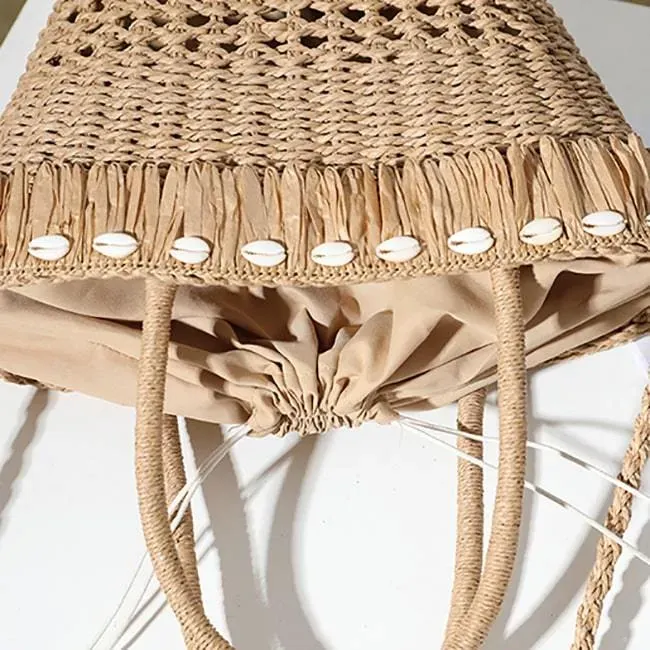 Women Vacation Style Tassels Shell Decoration Straw Woven Handle Bag - Image 4