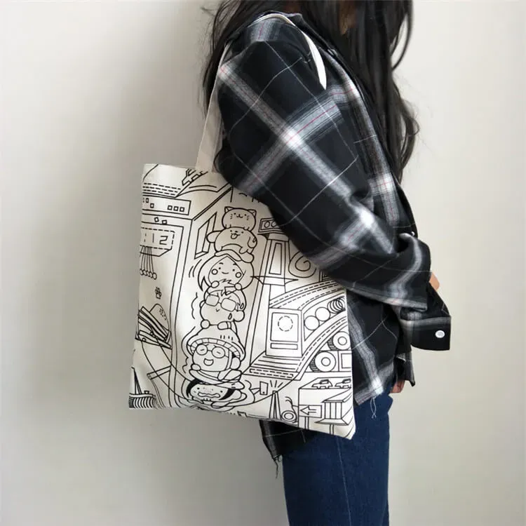 Women Fashion Cartoon Print Canvas Shoulder Bag - Image 3