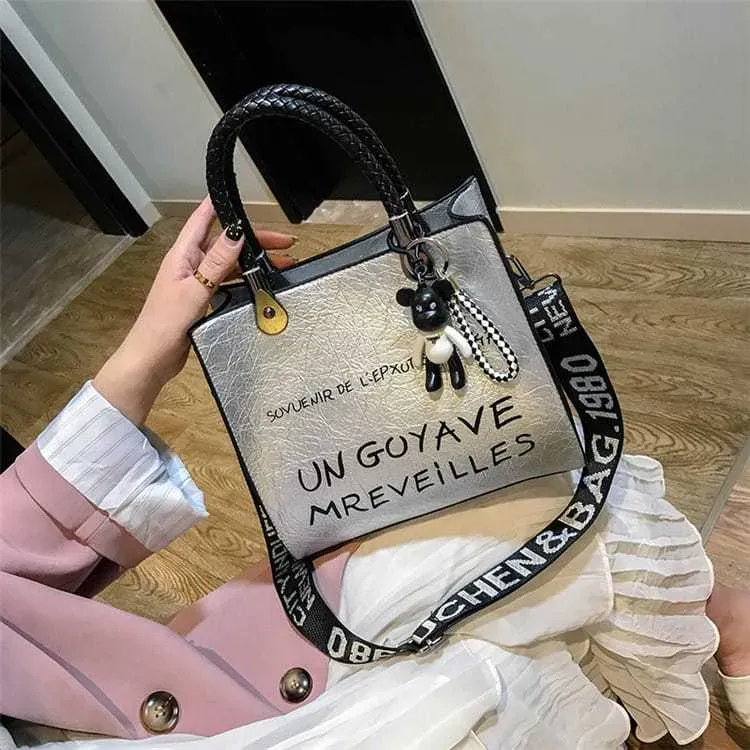 Women Fashion Color Blocking Letter Printed Large Capacity Tote Bag - Image 13