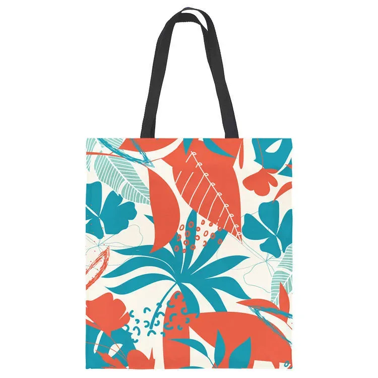 Women Fashion Color Blocking Plant Printed Large Capacity Canvas Tote Bag - Image 4