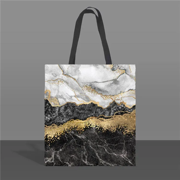 Women Fashion Color Blocking Marble Printed Large Capacity Canvas Tote Bag
