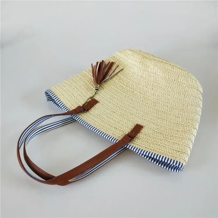 Women Simple Patchwork Tassel Decorative Large Capacity Weave Shoulder Bag - Image 6