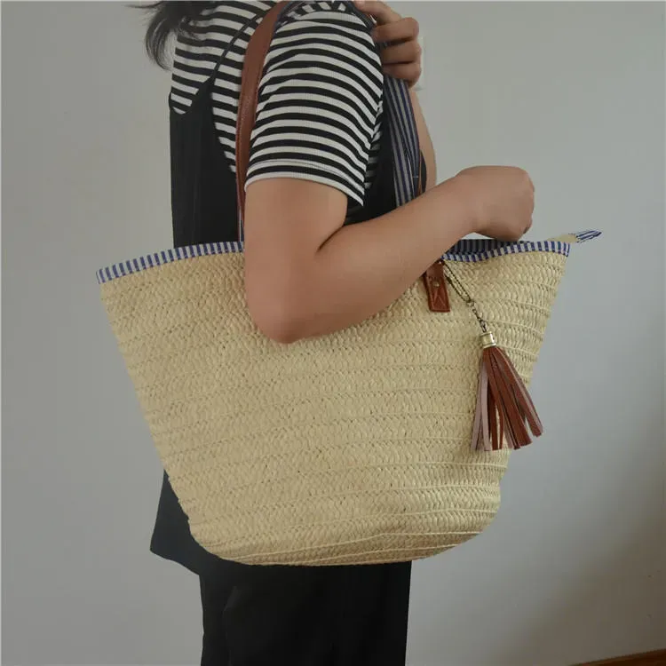 Women Simple Patchwork Tassel Decorative Large Capacity Weave Shoulder Bag - Image 7
