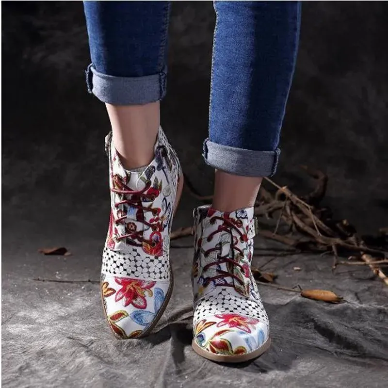 Size:4.5-12 Women Fashion Floral Color Blocking Heeled Short Boots - Image 4