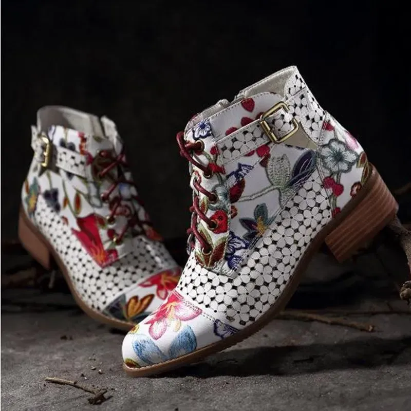 Size:4.5-12 Women Fashion Floral Color Blocking Heeled Short Boots - Image 5