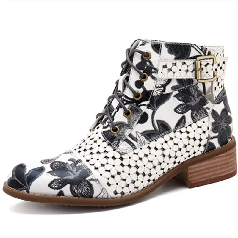 Size:4.5-12 Women Fashion Floral Color Blocking Heeled Short Boots - Image 6