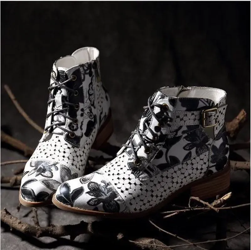 Size:4.5-12 Women Fashion Floral Color Blocking Heeled Short Boots - Image 7
