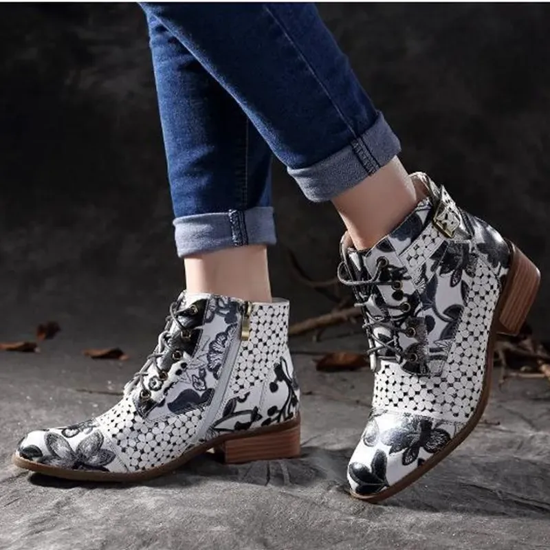 Size:4.5-12 Women Fashion Floral Color Blocking Heeled Short Boots - Image 8