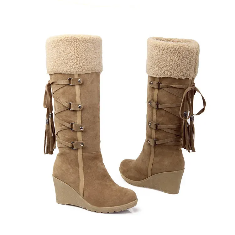 Size:4.5-11 Women Wedges Tassel Lace-up High Boots - Image 7