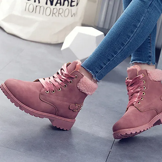 Size:5-12 Women Fashion Solid Color Fleece-Lined Lace-Up Short Boots - Image 4