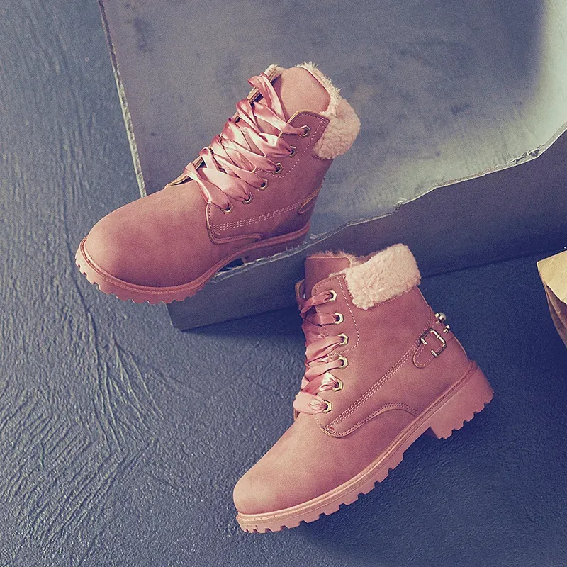 Size:5-12 Women Fashion Solid Color Fleece-Lined Lace-Up Short Boots - Image 7