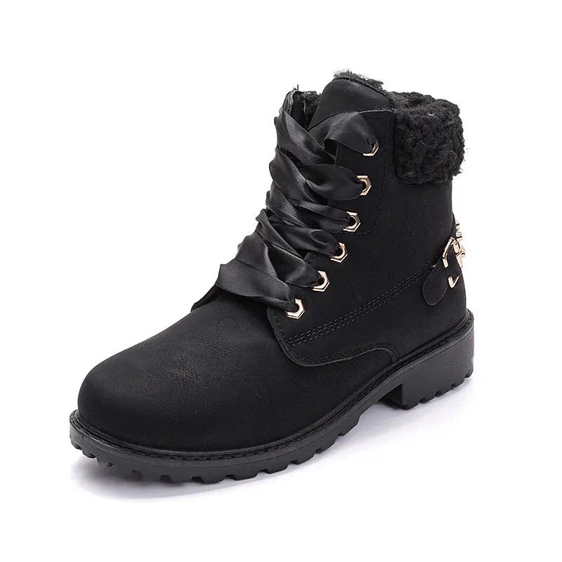 Size:5-12 Women Fashion Solid Color Fleece-Lined Lace-Up Short Boots - Image 12