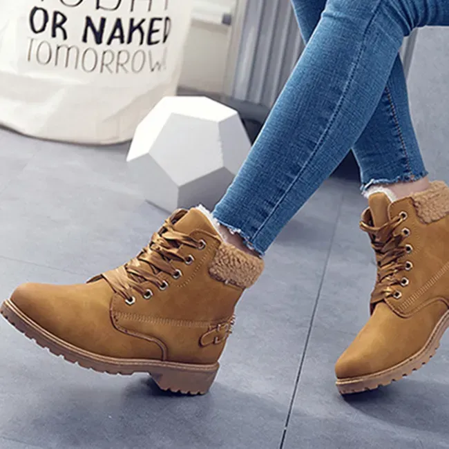 Size:5-12 Women Fashion Solid Color Fleece-Lined Lace-Up Short Boots - Image 17