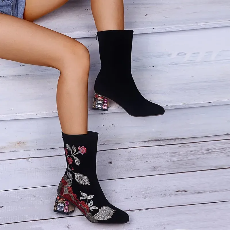 Size:4.5-12 Women Retro Flower Embroidery Chunky Heel Mid-Calf Boots - Image 4