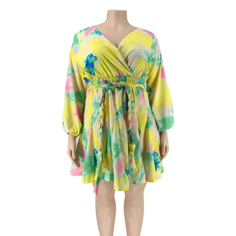 2XL-5XL Women Fashion Plus Size Deep V Geometric Print Long Sleeve Swing Dress - Image 3