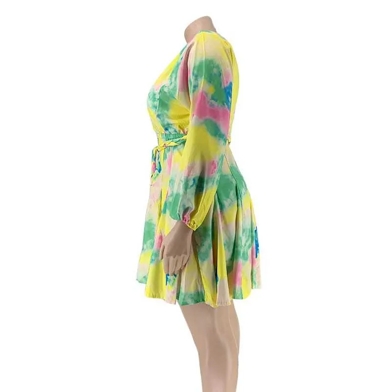 2XL-5XL Women Fashion Plus Size Deep V Geometric Print Long Sleeve Swing Dress - Image 4