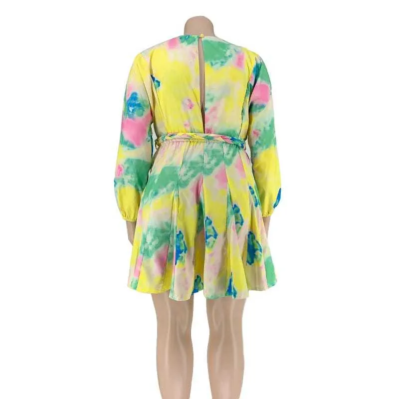 2XL-5XL Women Fashion Plus Size Deep V Geometric Print Long Sleeve Swing Dress - Image 5