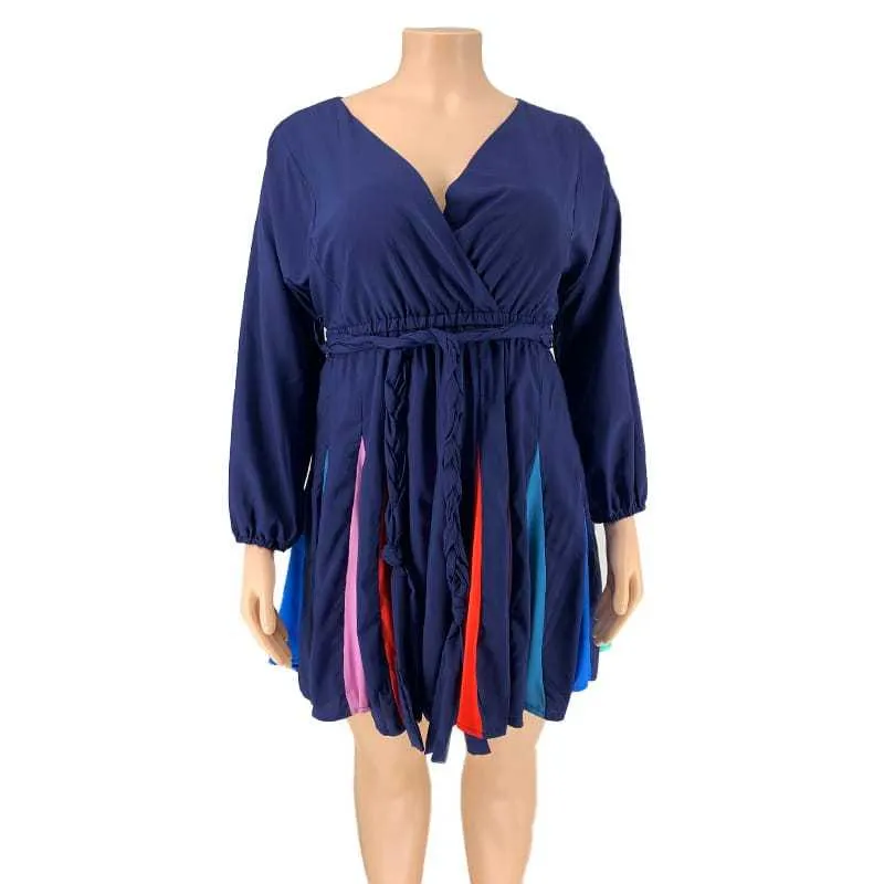 2XL-5XL Women Fashion Plus Size Deep V Geometric Print Long Sleeve Swing Dress - Image 9