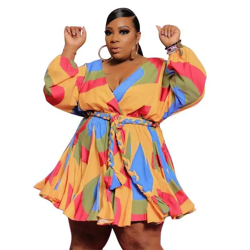 2XL-5XL Women Fashion Plus Size Deep V Geometric Print Long Sleeve Swing Dress - Image 11