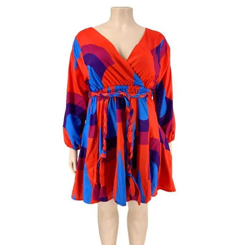 2XL-5XL Women Fashion Plus Size Deep V Geometric Print Long Sleeve Swing Dress - Image 17