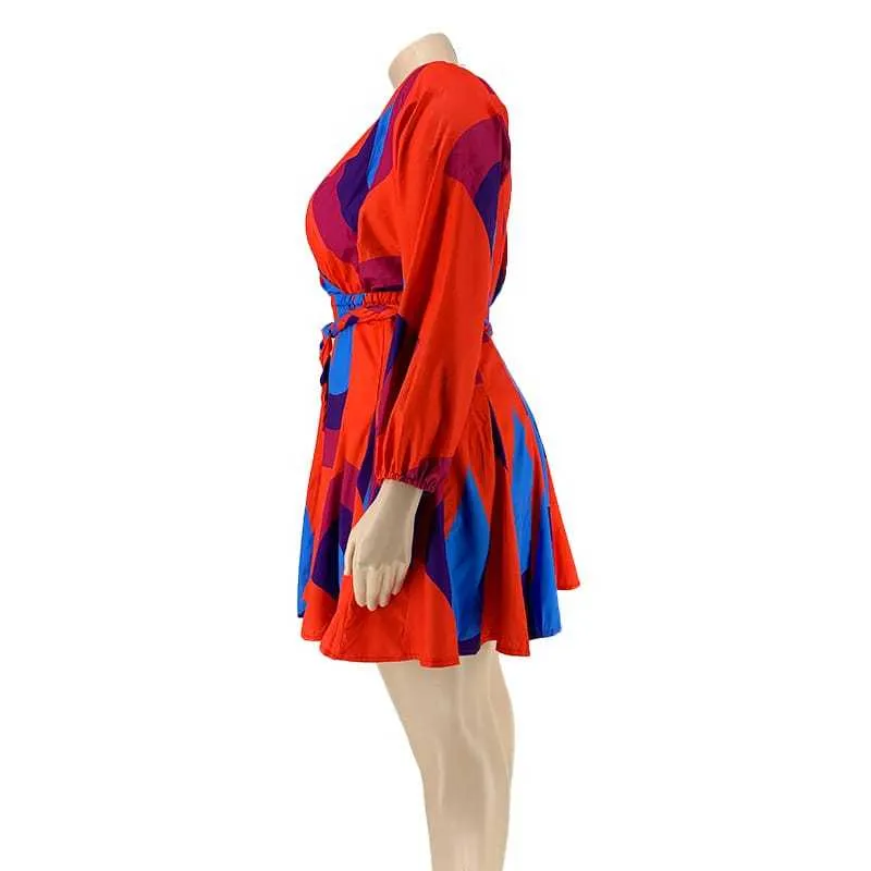 2XL-5XL Women Fashion Plus Size Deep V Geometric Print Long Sleeve Swing Dress - Image 18