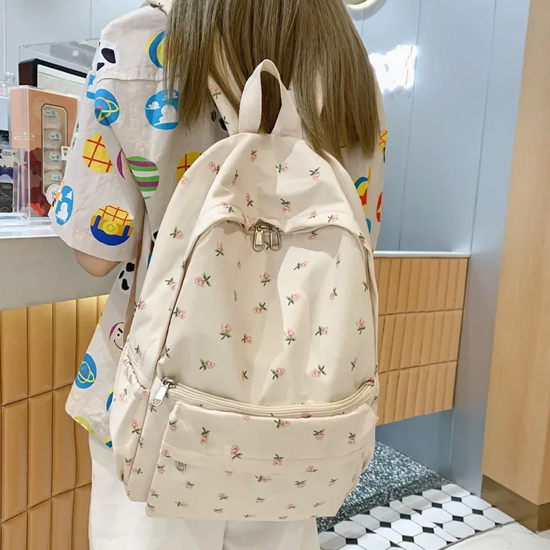 Women Casual Flower Pattern Solid Color Canvas Large Capacity Backpack