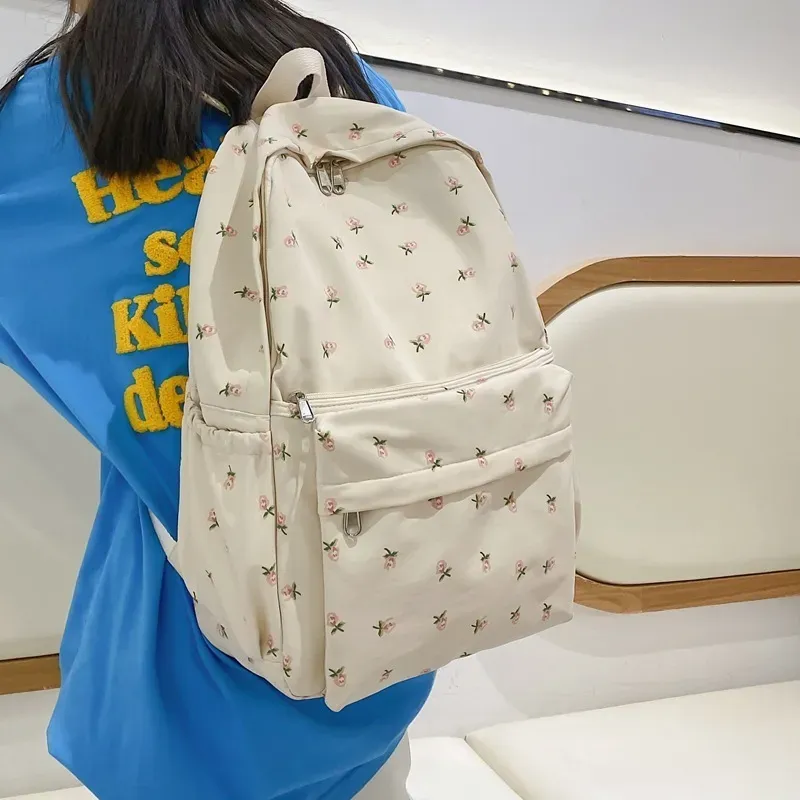 Women Casual Flower Pattern Solid Color Canvas Large Capacity Backpack - Image 3