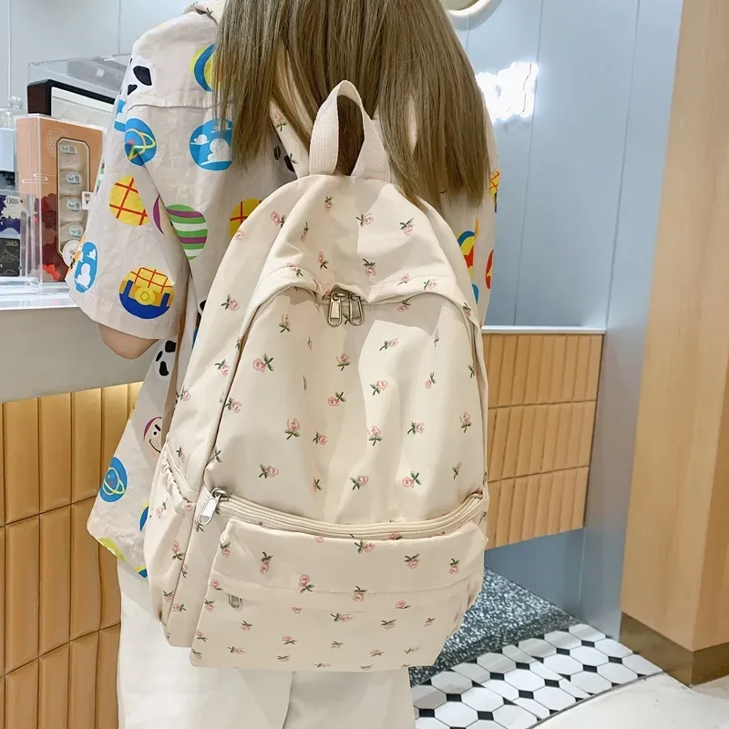 Women Casual Flower Pattern Solid Color Canvas Large Capacity Backpack - Image 6