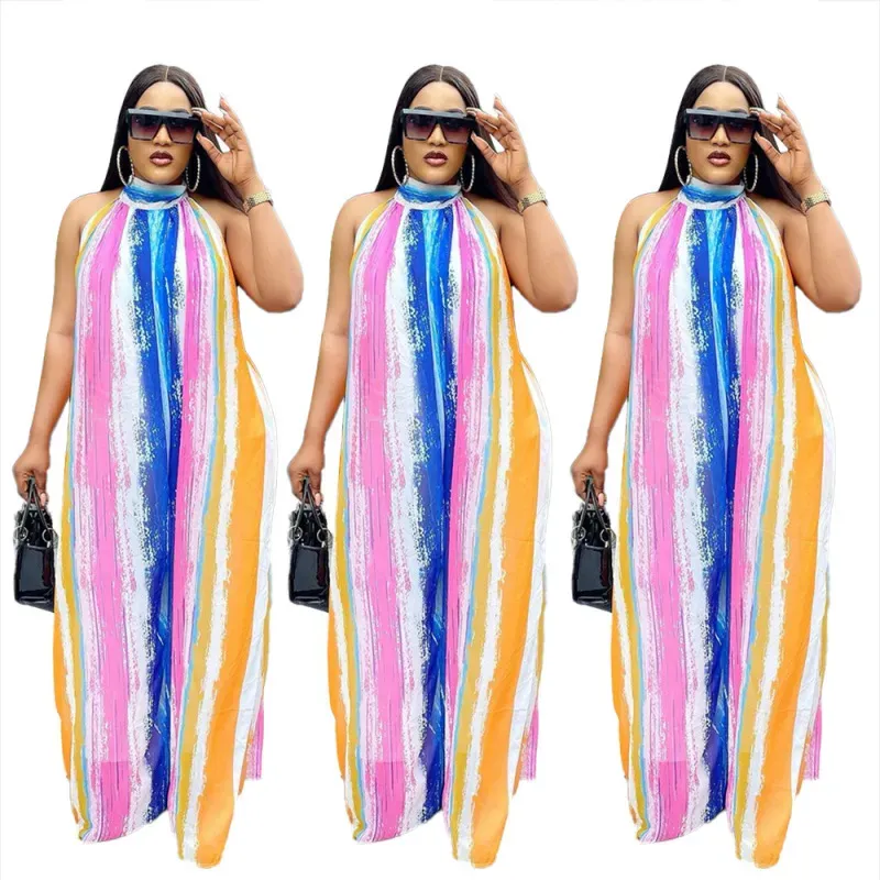 Women Plus Size Summer Vacation Bohemia Sleeveless Color Blocking Loose Wide Leg Jumpsuits