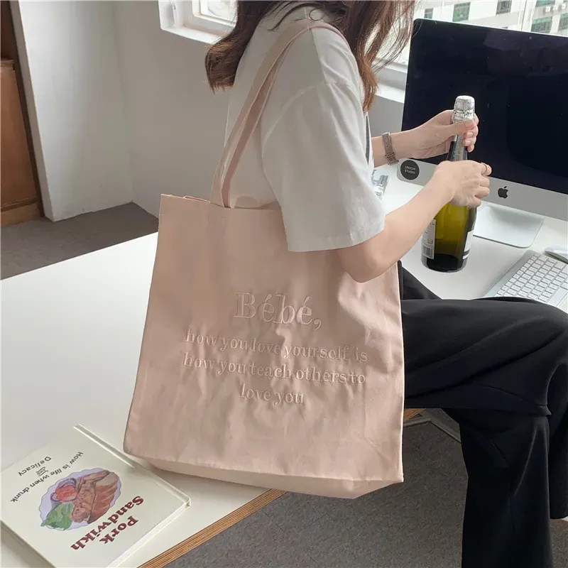Embroidered Women Casual Design Solid Color Letter Pattern Canvas Large Capacity Shoulder Handle Tote Bag