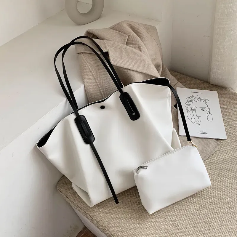 2 In 1 Women Casual Design Solid Color Large Capacity Shoulder Handle Bag - Image 6