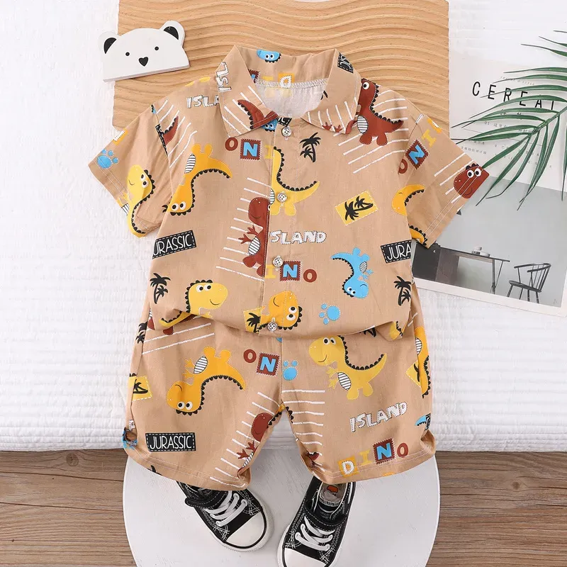 Wholesale Kids Baby Boys Casual Cute Cartoon Print Short Sleeve Lapel Shirt Shorts Sets - Image 24