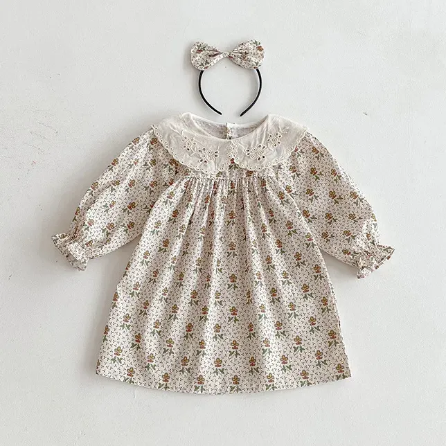 Wholesale Kids Girls Fashio Autumn Floral Printed Lace Lapel Long Sleeve Dress