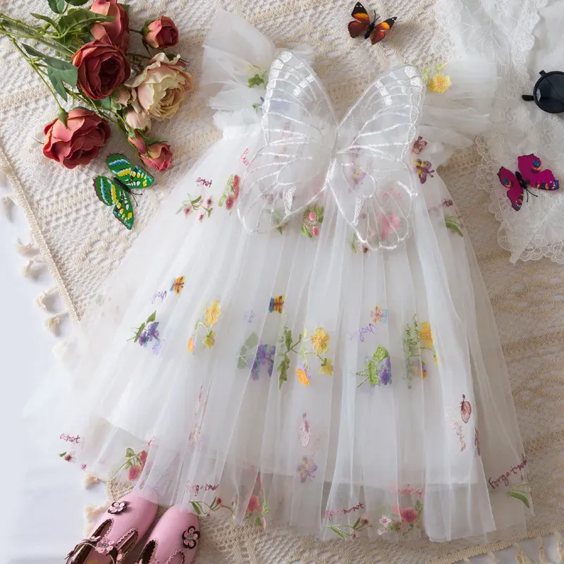 Wholesale Kids Girls Fashion Elegant Floral Embroidered Butterfly Mesh Flying Sleeve Dress - Image 3